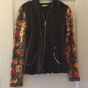 Navy blue floral trim zip up hoodie sz medium
